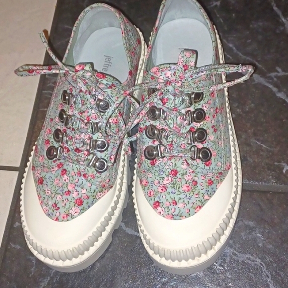 Jeffrey Campbell B2School BlueFloral Fabric Platform LaceUp Lug Sole Size 6.5 - Picture 2 of 8